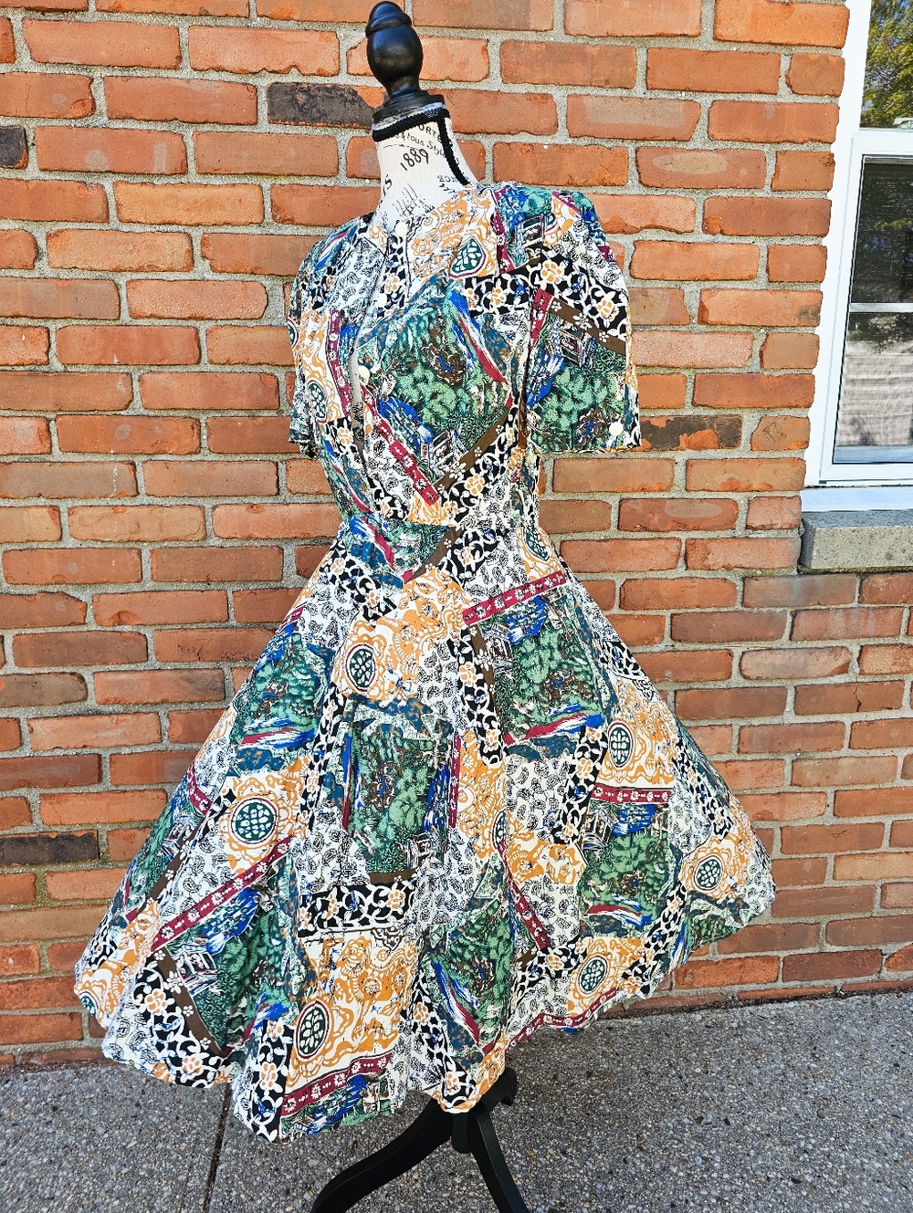 Vintage California Looks Patchwork Print Midi Dress Boho Cottagecore USA Made 6P